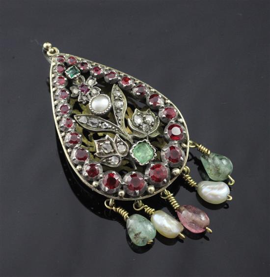 An early 20th century Indian gold and silver gem and paste set pomander? drop pendant, 2in.